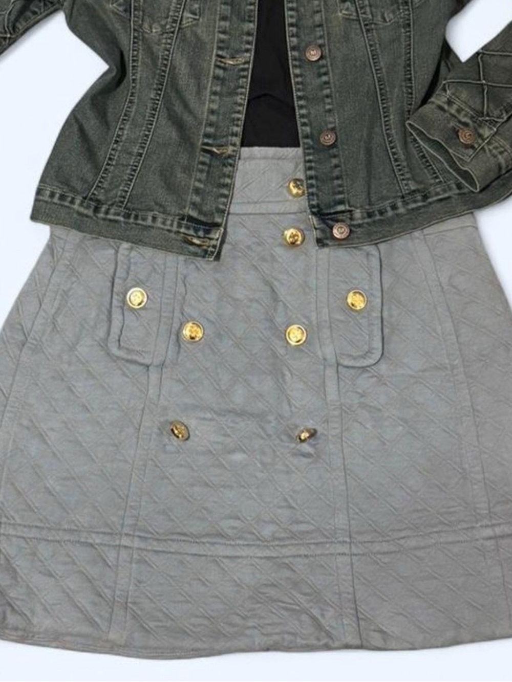 Marc by Marc Jacobs Quilted Light Gray A-Line Skirt with Gold Buttons